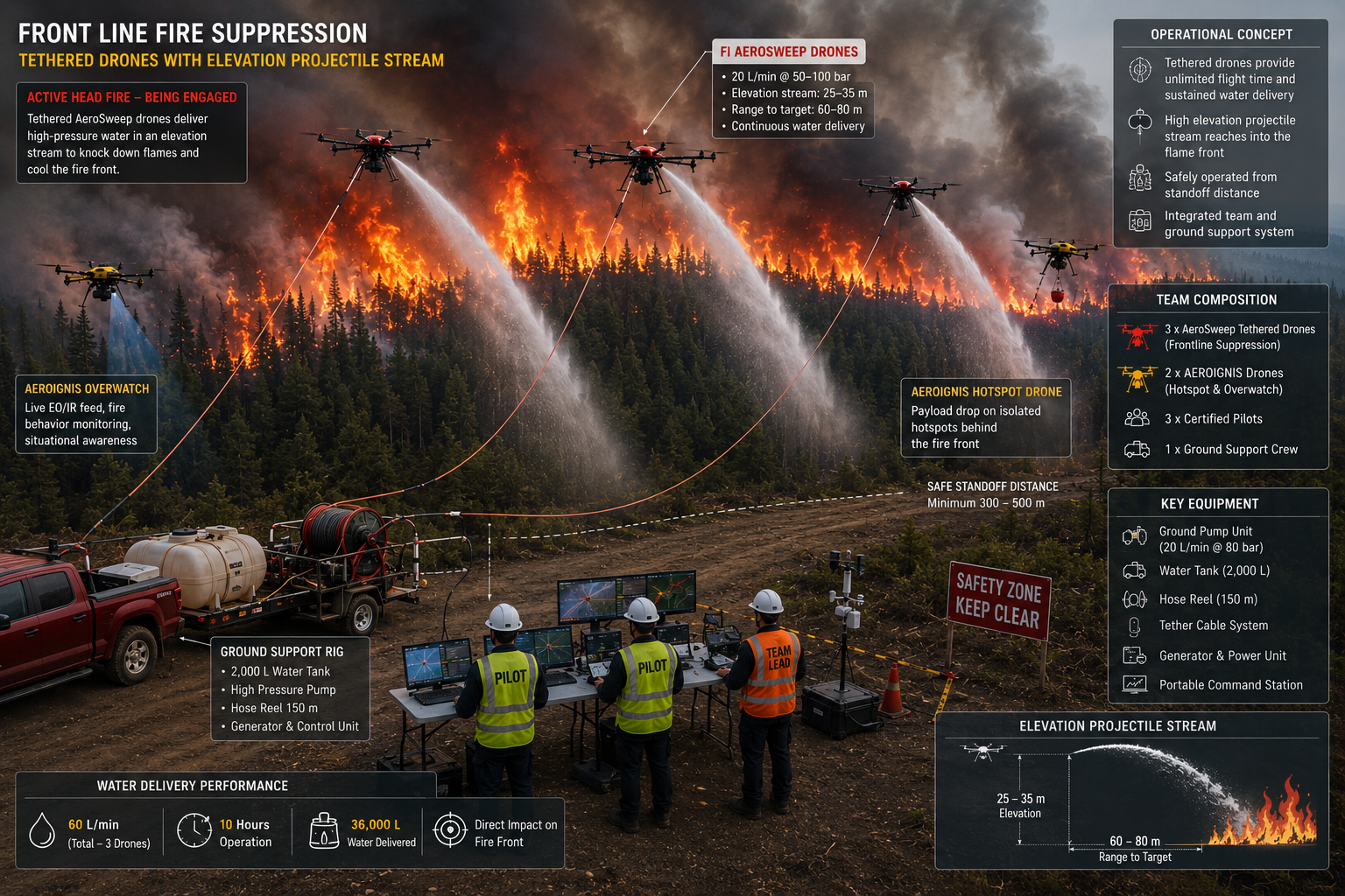 FireShield field operations diagram showing tethered AeroSweep suppression drones, AEROIGNIS overwatch units, ground support rig, and pilot control station at a marked safety standoff distance.
